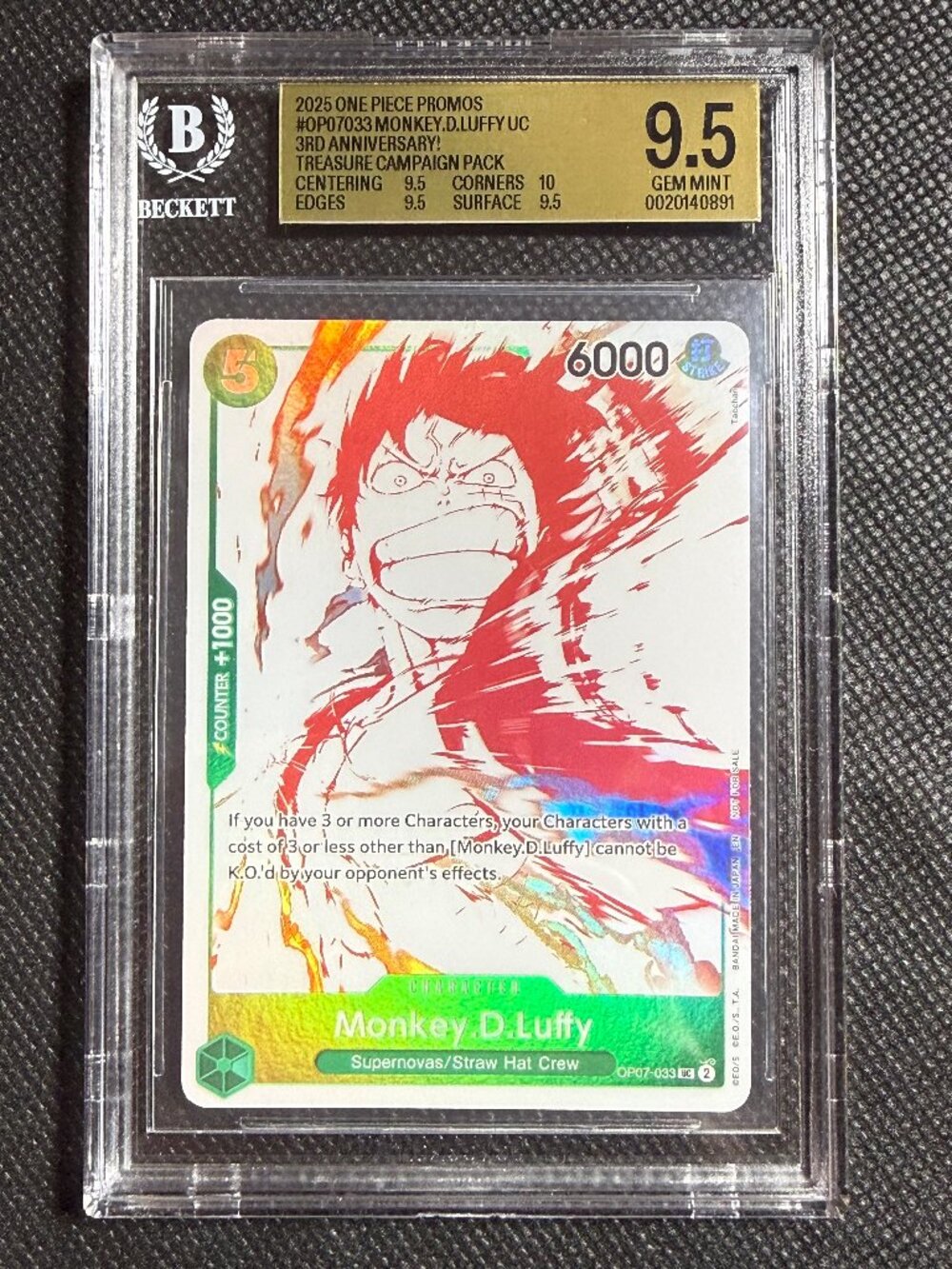 Monkey D Luffy OP07-033 One Piece 3rd Anniversary Treasure Campaign BGS 9.5 GEM